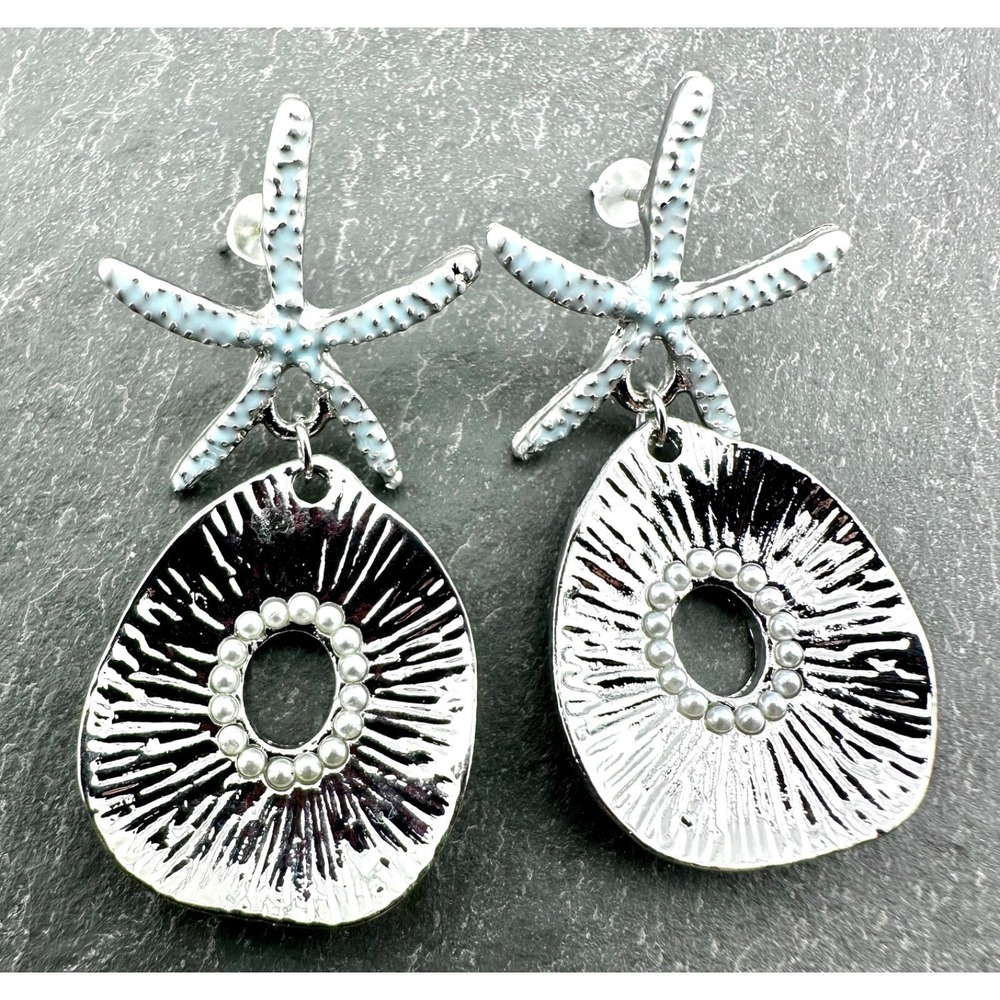 Blue‎ Starfish & Silver Tone Seashell Stud Earrings